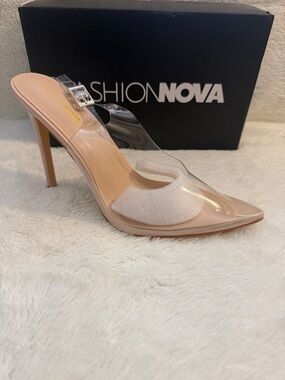 Fashion Nova Clear Nude Pointed Stiletto Mule with Transparent Strap